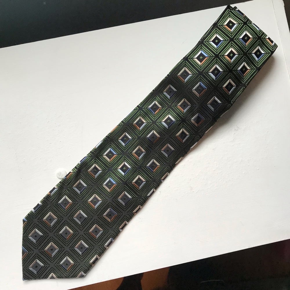 Vintage Bachrach Tie Geometric 100% Silk Necktie 58 Inches Long Retro Green